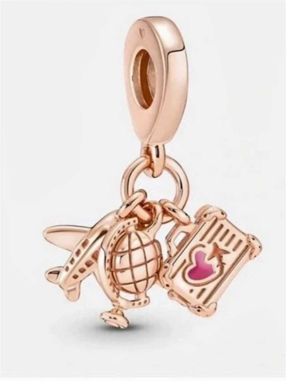 Pandora Airplane, Globe & Suitcase Triple Dangle Charm Pink